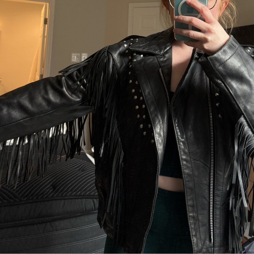 Ami Black Leather Jacket with Fringe and Studs